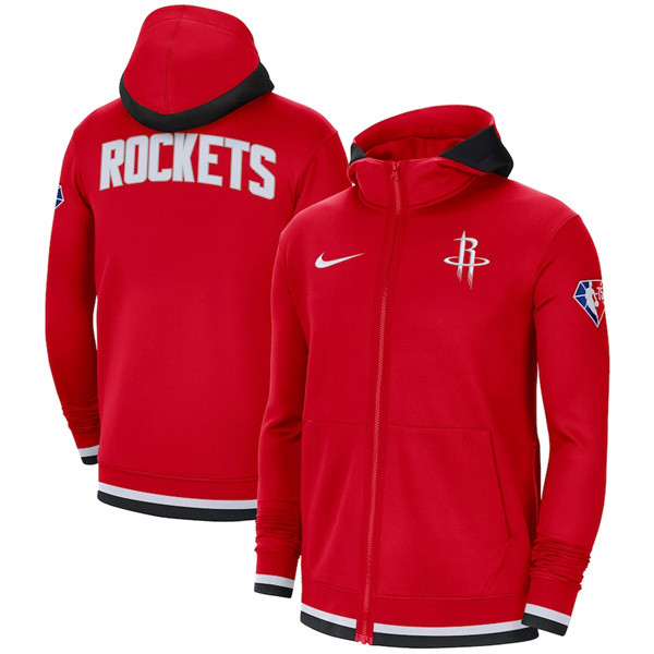 Men's Houston Rockets Red 75th Anniversary Performance Showtime Full-Zip Hoodie Jacket - Click Image to Close