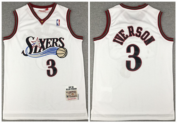 Men's Philadelphia 76ers #3 Allen Iverson White Throwback Stitched Jersey