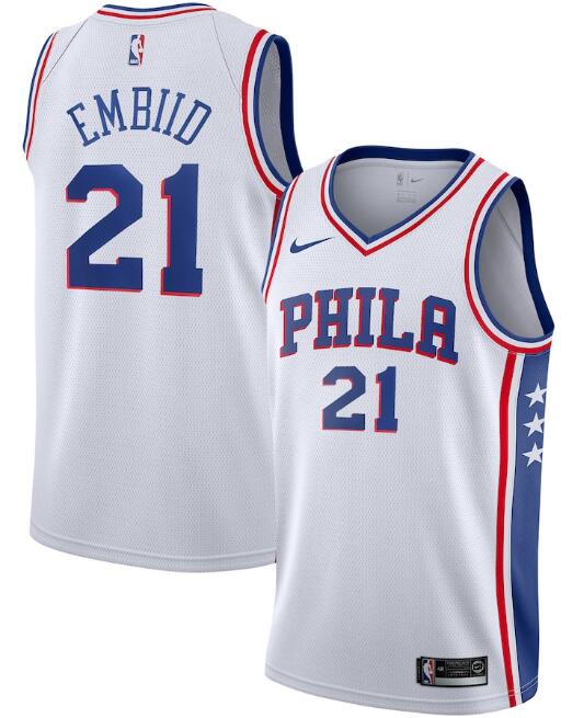 Men's Philadelphia 76ers White #21 Joel Embiid Association Edition Stitched Swingman NBA Jersey - Click Image to Close