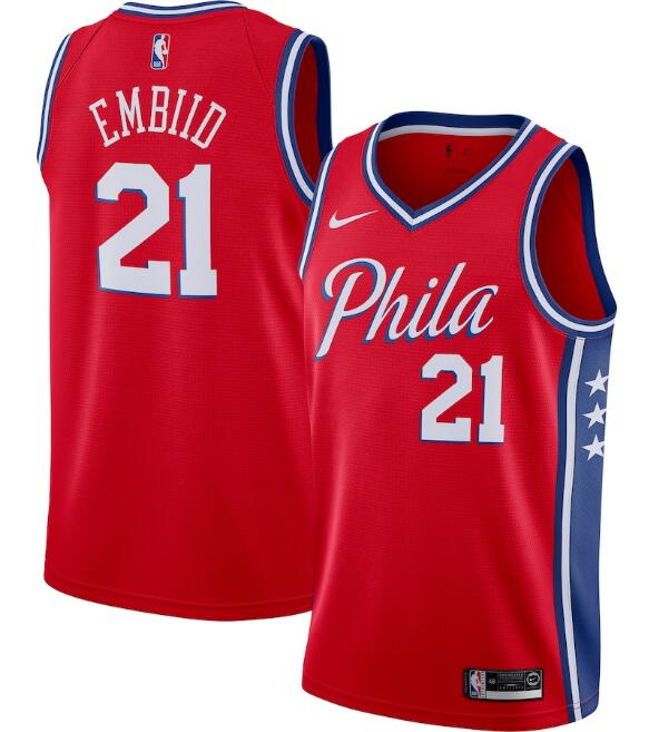 Men's Philadelphia 76ers Red #21 Joel Embiid Statement Edition Stitched Swingman NBA Jersey