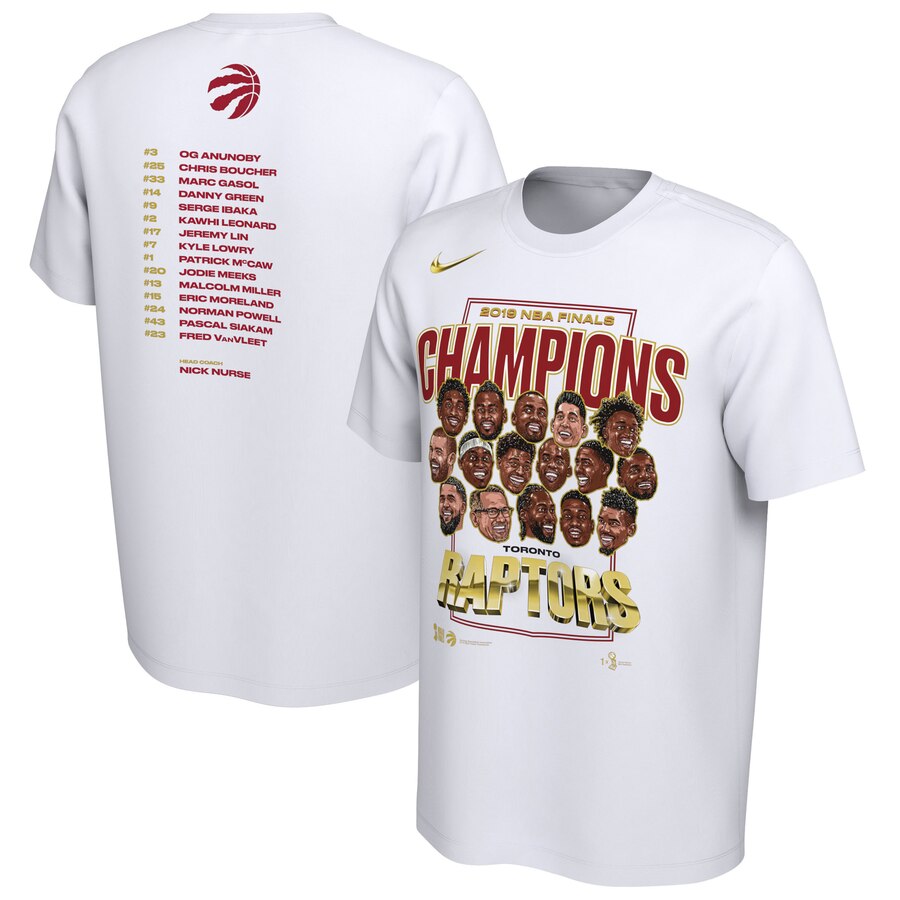 Toronto Raptors White 2019 NBA Finals Champions Celebration Roster Performance T-Shirt (All Size)