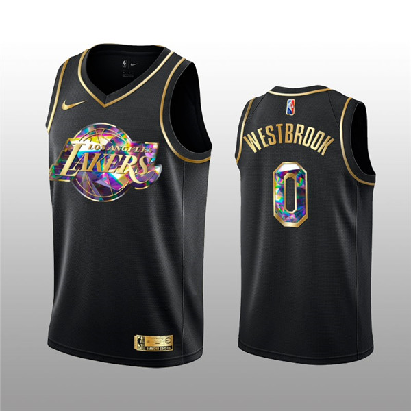 Men's Los Angeles Lakers #0 Russell Westbrook 2021/22 Black Golden Edition 75th Anniversary Diamond Logo Stitched Basketball Jersey - Click Image to Close