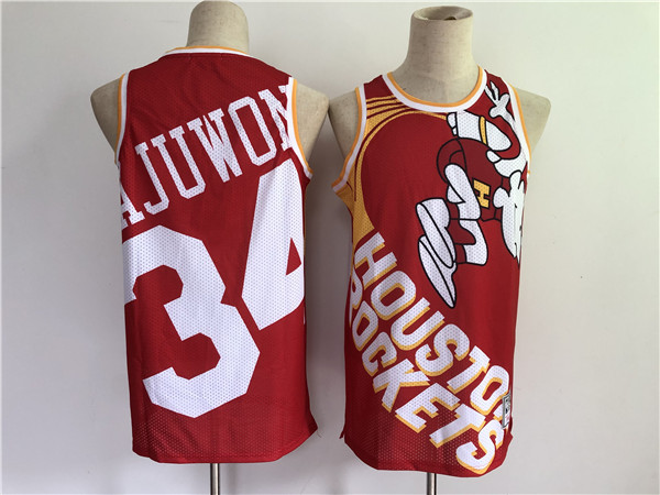 Men's Houston Rockets #34 Hakeem Olajuwon Red Big Face Throwback Stitched NBA Jersey - Click Image to Close