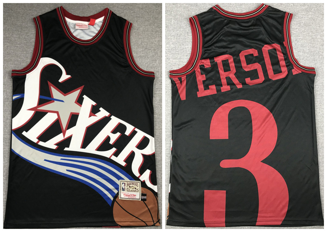 Men's Philadelphia 76ers Black #3 Allen Iverson Big Face Throwback Stitched NBA Jersey