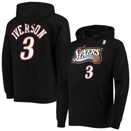 Men's Philadelphia 76ers #3 Allen Iverson 2021 Black Pullover Hoodie - Click Image to Close