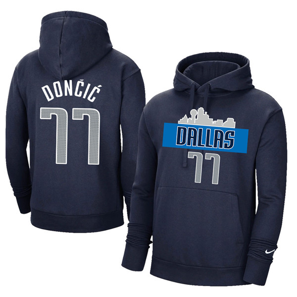 Men's Dallas Mavericks #77 Luka Doncic 2021 Navy Pullover Hoodie - Click Image to Close