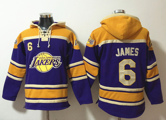 Men's Los Angeles Lakers #6 Lebron James Purple Lace-Up Pullover Hoodie