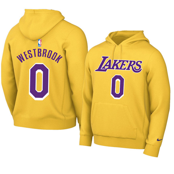 Men's Los Angeles Lakers #0 Russell Westbrook 2021 Yellow Pullover Hoodie - Click Image to Close