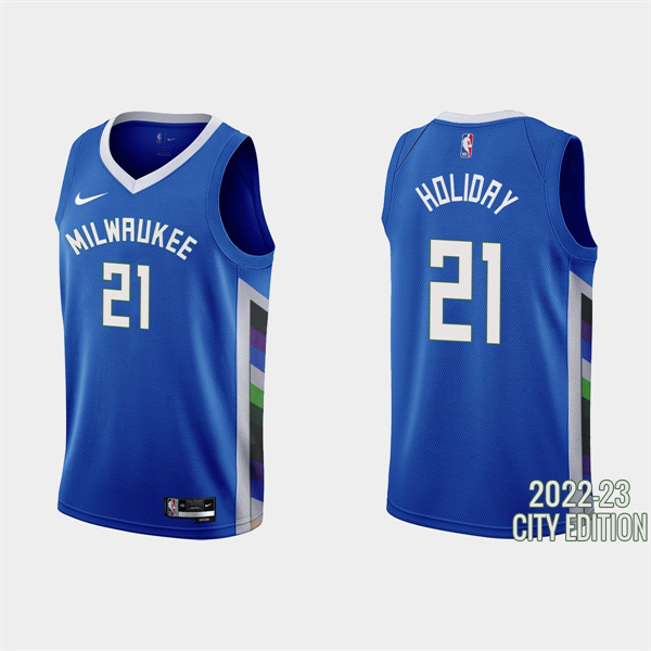 Men's Milwaukee Bucks #21 Jrue Holiday 2022-23 City Edition Blue Stitched Basketball Jersey