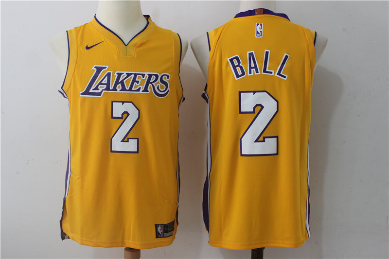 Men's Nike Los Angeles Lakers #2 Lonzo Ball Yellow Stitched NBA Jersey - Click Image to Close