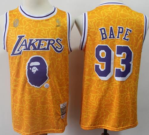 Men's Los Angeles Lakers #93 Bape Golden Stitched NBA Jersey - Click Image to Close