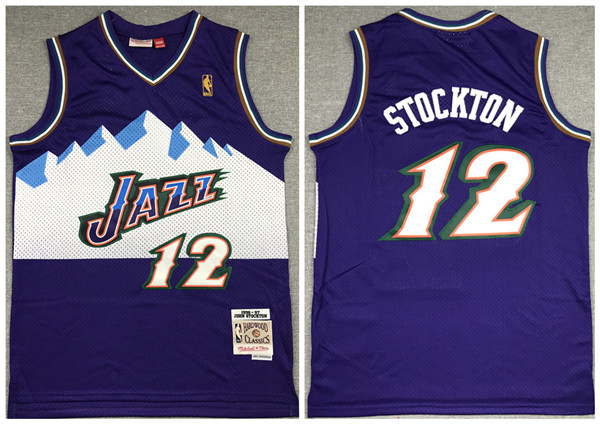 Men's Utah Jazz #12 John Stockton Purple Throwback Stitched Jersey