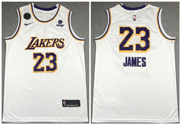 Men's Los Angeles Lakers #23 LeBron James "bibigo" White With KB Patch Stitched Jersey - Click Image to Close