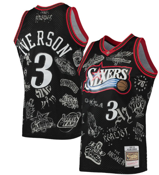 Men's Philadelphia 76ers #3 Allen Iverson Mitchell & Ness Black 1997-98 Hardwood Classics Tattoo Swingman Stitched Basketball Jersey