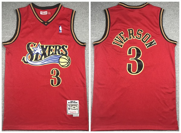 Men's Philadelphia 76ers #3 Allen Iverson Red Throwback Stitched Jersey - Click Image to Close