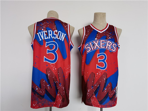 Men's Philadelphia 76ers #3 Allen Iverson Red/Black Throwback basketball Jersey - Click Image to Close