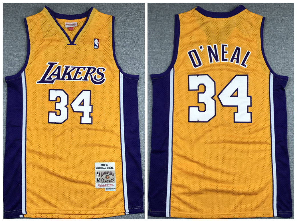 Men's Los Angeles Lakers #34 Shaquille O'Neal Gold 1999-00 Throwback Stitched NBA Jersey