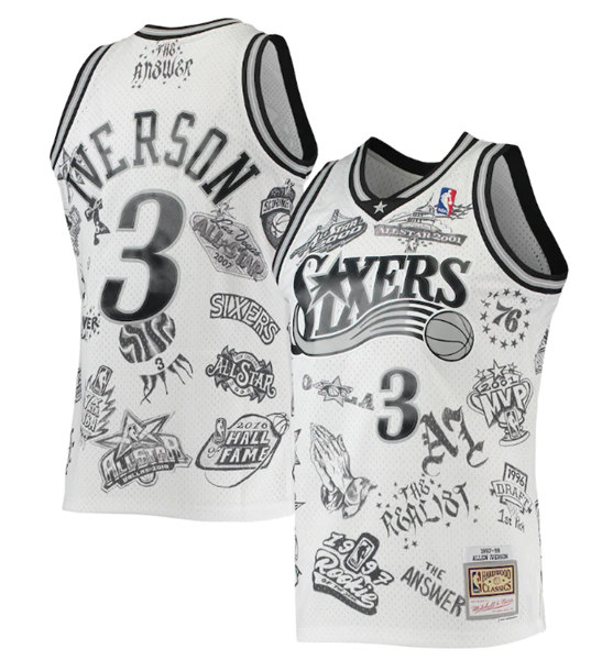 Men's Philadelphia 76ers #3 Allen Iverson Mitchell & Ness White 1997-98 Hardwood Classics Tattoo Swingman Stitched Basketball Jersey