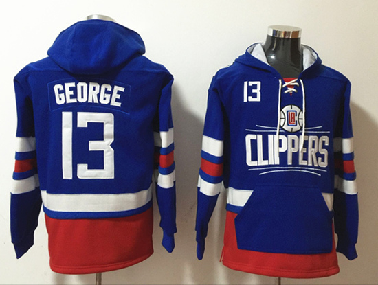 Men's Los Angeles Clippers #13 Paul George Blue Lace-Up Pullover Hoodie