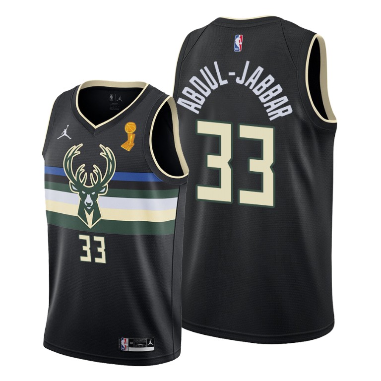 Men's Milwaukee Bucks #33 Kareem Abdul-Jabbar 2021 Black Finals Champions Stitched Basketball Jersey - Click Image to Close