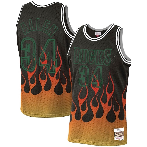 Men's Milwaukee Bucks #34 Ray Allen Black Mitchell & Ness 1996-97 Hardwood Classics Swingman Flames Stitched Jersey