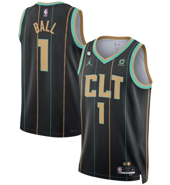 Men's Charlotte Hornets #1 LaMelo Ball Black 2022/23 City Edition No.6 Patch Stitched Jersey - Click Image to Close