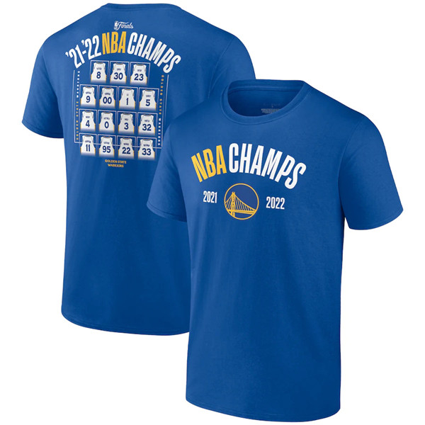 Men's Golden State Warriors 2021-2022 Royal NBA Finals Champions Final Buzzer Roster T-Shirt