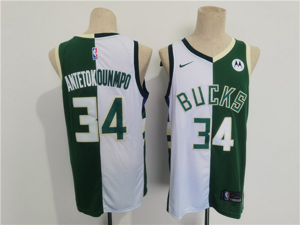 Men's Milwaukee Bucks #34 Giannis Antetokounmpo Green/White Split Stitched Basketball Jersey - Click Image to Close