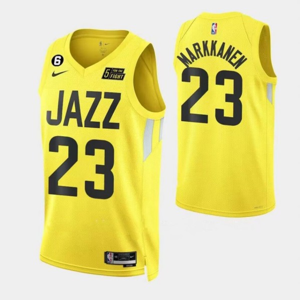 Men's Utah Jazz #23 Lauri Elias Markkanen With No.6 Patch Yellow 2022/23 Association Edition Stitched Basketball Jersey