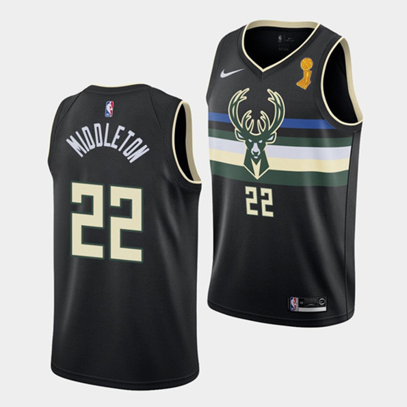 Men's Milwaukee Bucks #22 Khris Middleton 2021 Black Finals Champions Stitched Basketball Jersey