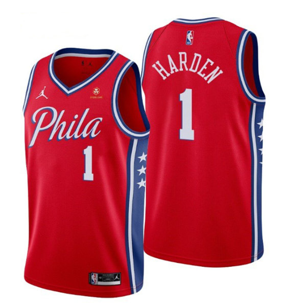 Men's Philadelphia 76ers White #1 James Harden Red Statement Edition Stitched Jersey