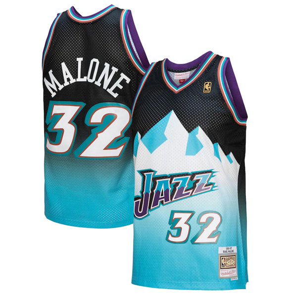 Men's Utah Jazz #32 Karl Malone 1996/97 Black/Light Blue Throwback Stitched Jersey - Click Image to Close