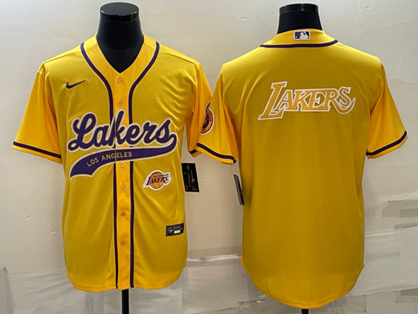 Men's Los Angeles Lakers Yellow Big Logo With Patch Cool Base Stitched Baseball Jersey - Click Image to Close