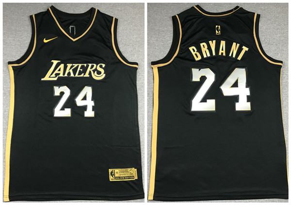 Men's Los Angeles Lakers #24 Kobe Bryant Black Gold Edition New Blue Silver Logo 2020-21 Stitched NBA Jersey