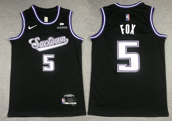 Men's Sacramento Kings #5 De'Aaron Fox 2021/2022 Black City Edition 75th Anniversary Stitched Jersey