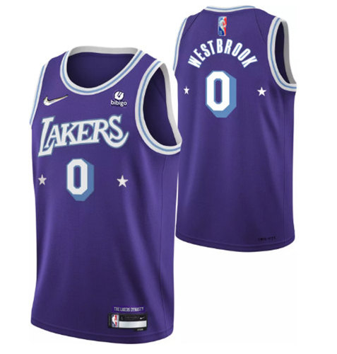 Men's Los Angeles Lakers #0 Russell Westbrook Purple 2021 City Edition 75th Anniversary Stitched Jersey