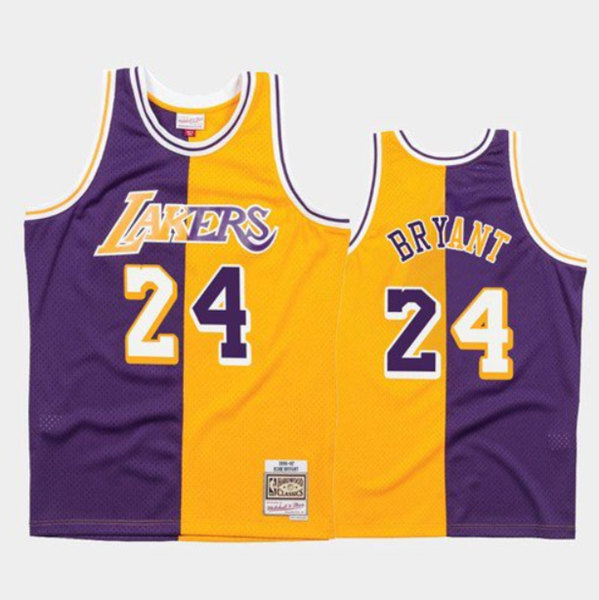 Men's Los Angeles Lakers #24 Kobe Bryant Purple/Gold Split Stitched Basketball Jersey - Click Image to Close