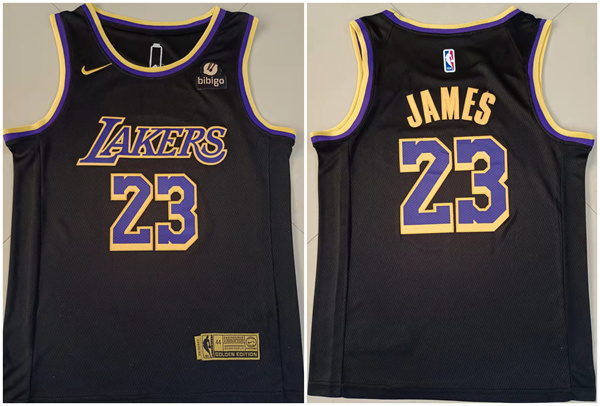 Men's Los Angeles Lakers #23 LeBron James "bibigo" Black Stitched Basketball Jersey - Click Image to Close