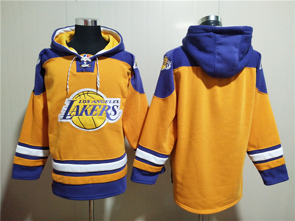 Men's Los Angeles Lakers Blank Yellow Lace-Up Pullover Hoodie - Click Image to Close