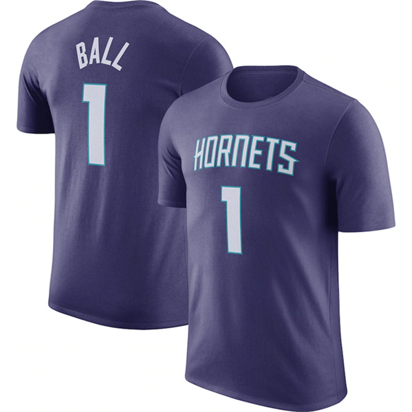 Men's Charlotte Hornets #1 LaMelo Ball Purple 2022/23 Statement Edition Name & Number T-Shirt - Click Image to Close