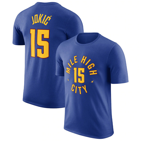 Men's Denver Nuggets #15 Nikola Jokic Royal 2022/23 Statement Edition Name & Number T-Shirt - Click Image to Close