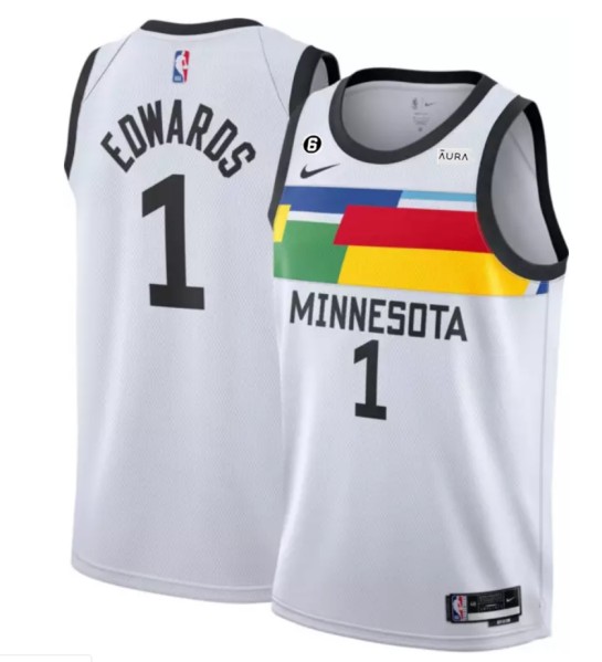 Men's Minnesota Timberwolves #1 Anthony Edwards White 2022/23 City Edition With NO.6 Patch Stitched Jersey