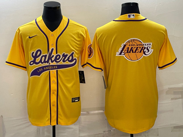 Men's Los Angeles Lakers Yellow Team Big Logo Cool Base Stitched Baseball Jersey - Click Image to Close