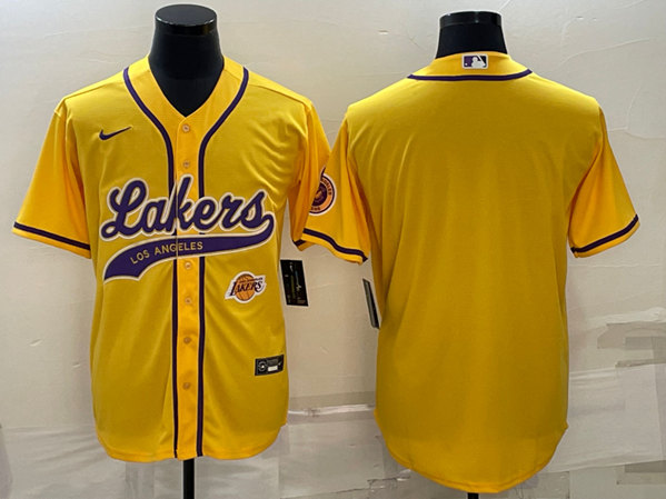 Men's Los Angeles Lakers Blank Yellow With Patch Cool Base Stitched Baseball Jersey - Click Image to Close