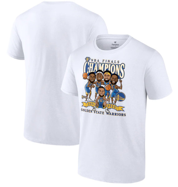 Men's Golden State Warriors 2021-2022 White NBA Finals Champions Caricature T-Shirt - Click Image to Close