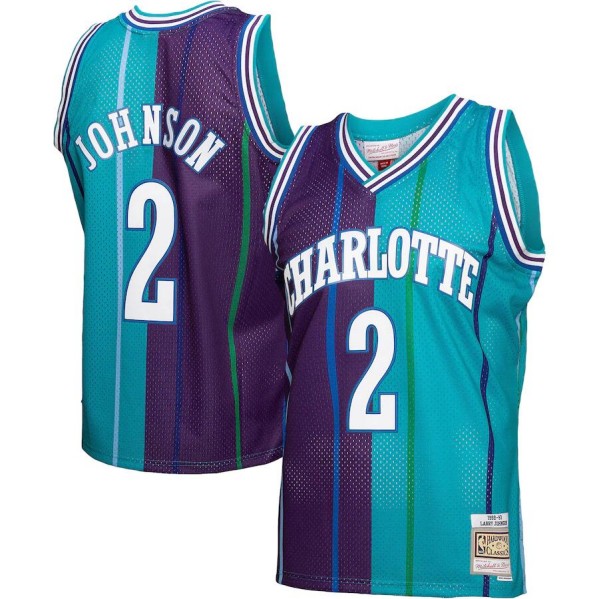 Men's Charlotte Hornets #2 Larry Johnson Split Teal/Purple 1992-93 Mitchell & Ness Swingman Stitched Jersey - Click Image to Close