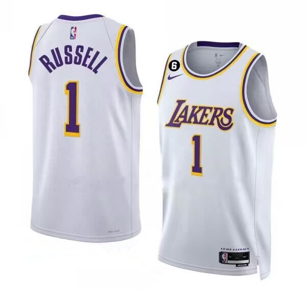 Men's Los Angeles Lakers #1 D??Angelo Russell 2022-23 White With NO.6 Patch Association Edition Swingman Stitched Basketball Jersey