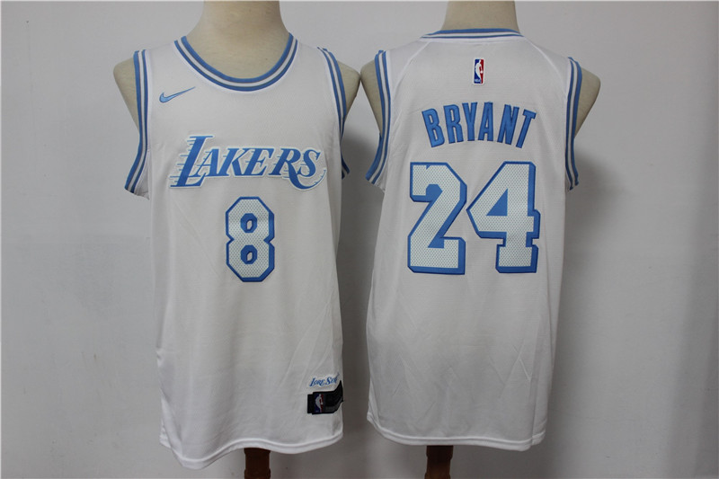 Men's Los Angeles Lakers Front #8 Back #24 Kobe Bryant White City Edition New Blue Silver Logo 2020-21 Stitched NBA Jersey