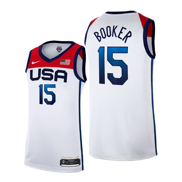 Men's USA Basketball #15 Devin Booker 2021 White Olympics Stitched Home Jersey