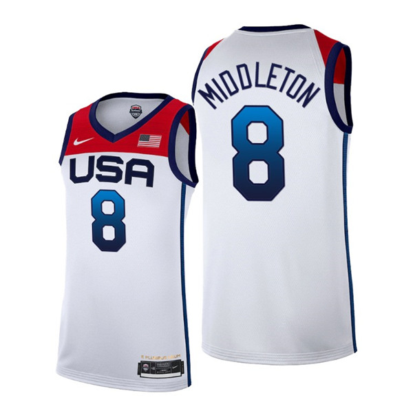 Men's USA Basketball #8 Khris Middleton 2021 White Tokyo Olympics Stitched Home Jersey